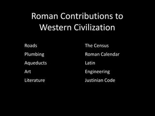 Roman Contributions to
        Western Civilization
Roads             The Census
Plumbing          Roman Calendar
Aqueducts         Latin
Art               Engineering
Literature        Justinian Code
 