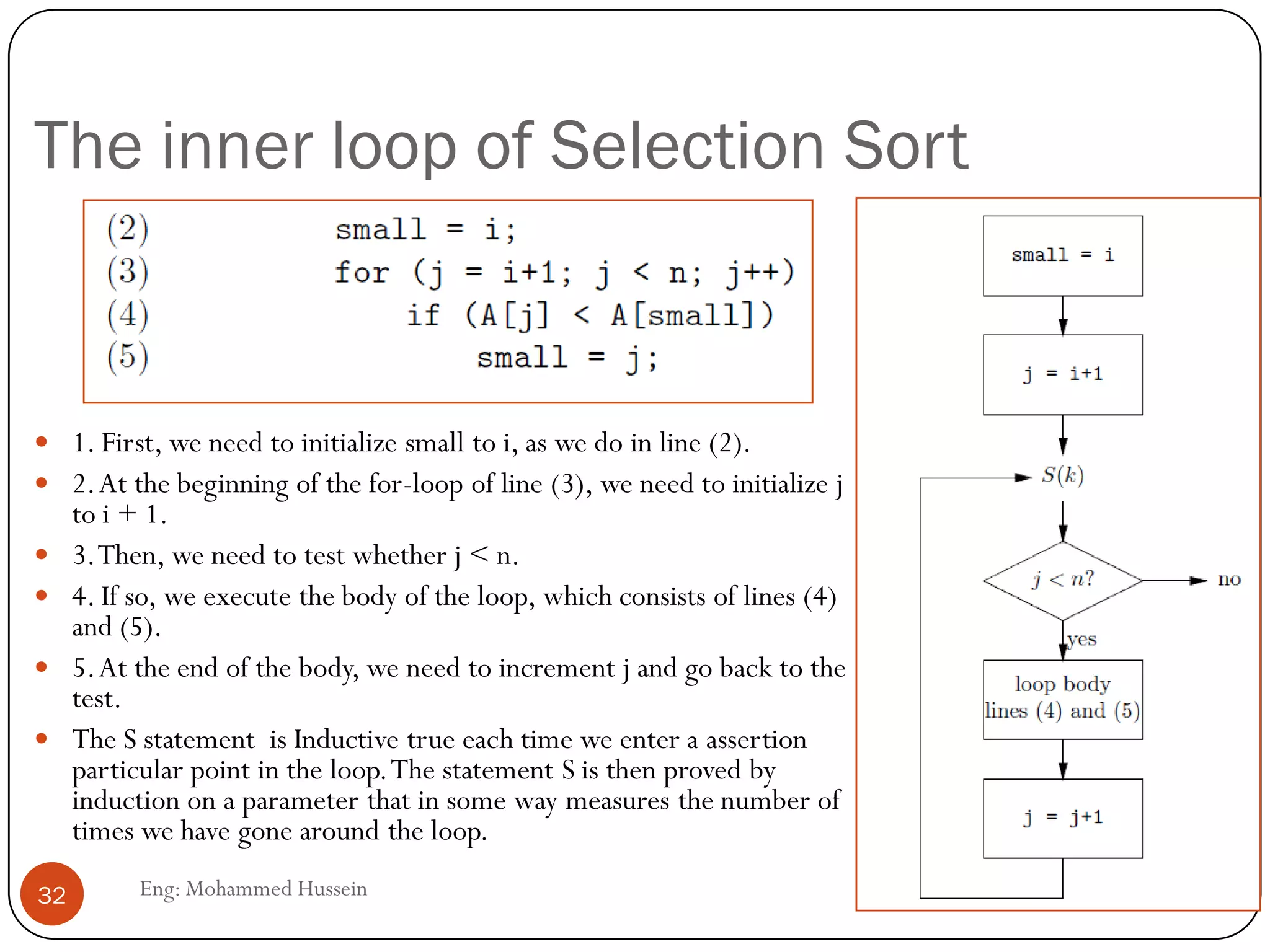 The inner loop of Selection Sort
Eng: Mohammed Hussein32
 1. First, we need to initialize small to i, as we do in line (2).
 2.At the beginning of the for-loop of line (3), we need to initialize j
to i + 1.
 3.Then, we need to test whether j < n.
 4. If so, we execute the body of the loop, which consists of lines (4)
and (5).
 5.At the end of the body, we need to increment j and go back to the
test.
 The S statement is Inductive true each time we enter a assertion
particular point in the loop.The statement S is then proved by
induction on a parameter that in some way measures the number of
times we have gone around the loop.
 