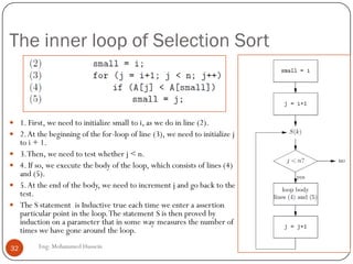 The inner loop of Selection Sort
Eng: Mohammed Hussein32
 1. First, we need to initialize small to i, as we do in line (2).
 2.At the beginning of the for-loop of line (3), we need to initialize j
to i + 1.
 3.Then, we need to test whether j < n.
 4. If so, we execute the body of the loop, which consists of lines (4)
and (5).
 5.At the end of the body, we need to increment j and go back to the
test.
 The S statement is Inductive true each time we enter a assertion
particular point in the loop.The statement S is then proved by
induction on a parameter that in some way measures the number of
times we have gone around the loop.
 