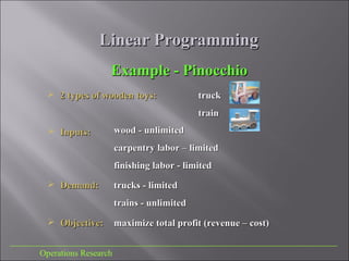 Linear ProgrammingLinear Programming
___________________________________________________________________________
Operations Research
Example - PinocchioExample - Pinocchio
 2 types of wooden toys:2 types of wooden toys: trucktruck
traintrain
 Inputs:Inputs: wood - unlimitedwood - unlimited
carpentry labor – limitedcarpentry labor – limited
finishing labor - limitedfinishing labor - limited
 Objective:Objective: maximize total profit (revenue – cost)maximize total profit (revenue – cost)
 Demand:Demand: trucks - limitedtrucks - limited
trains - unlimitedtrains - unlimited
 