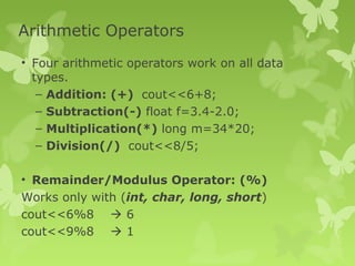 Arithmetic Operators
• Four arithmetic operators work on all data
types.
– Addition: (+) cout<<6+8;
– Subtraction(-) float f=3.4-2.0;
– Multiplication(*) long m=34*20;
– Division(/) cout<<8/5;
• Remainder/Modulus Operator: (%)
Works only with (int, char, long, short)
cout<<6%8  6
cout<<9%8  1
 