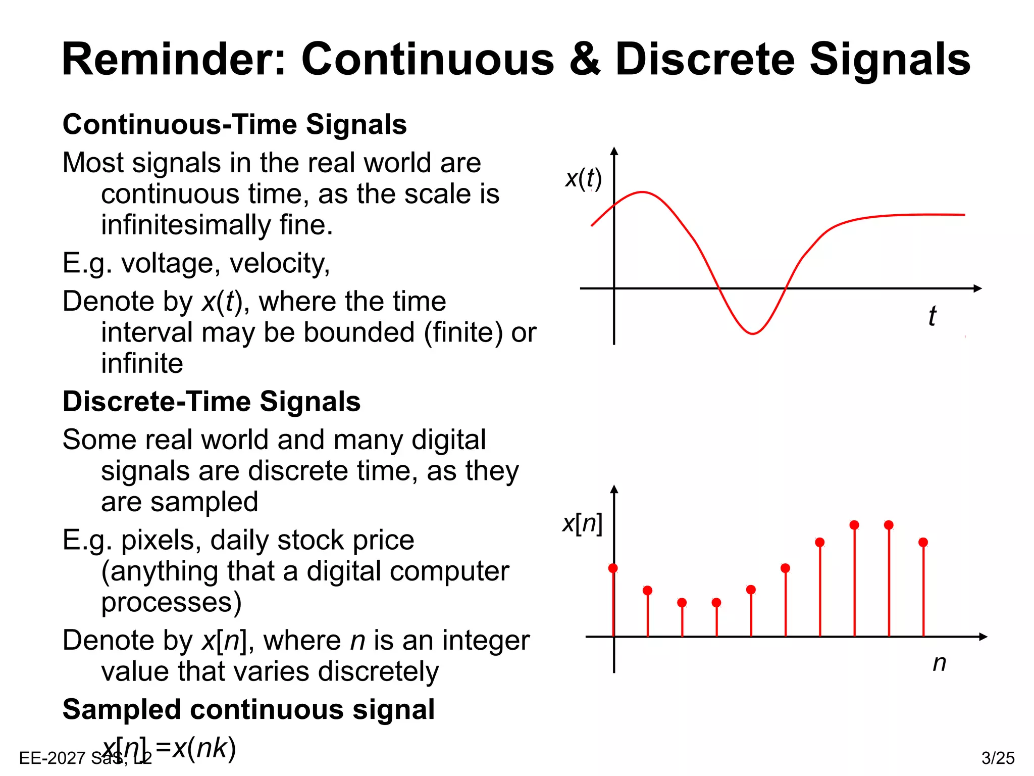 EE-2027 SaS, L2 3/25
Reminder: Continuous & Discrete Signals
x(t)
t
x[n]
n
Continuous-Time Signals
Most signals in the real world are
continuous time, as the scale is
infinitesimally fine.
E.g. voltage, velocity,
Denote by x(t), where the time
interval may be bounded (finite) or
infinite
Discrete-Time Signals
Some real world and many digital
signals are discrete time, as they
are sampled
E.g. pixels, daily stock price
(anything that a digital computer
processes)
Denote by x[n], where n is an integer
value that varies discretely
Sampled continuous signal
x[n] =x(nk)
 