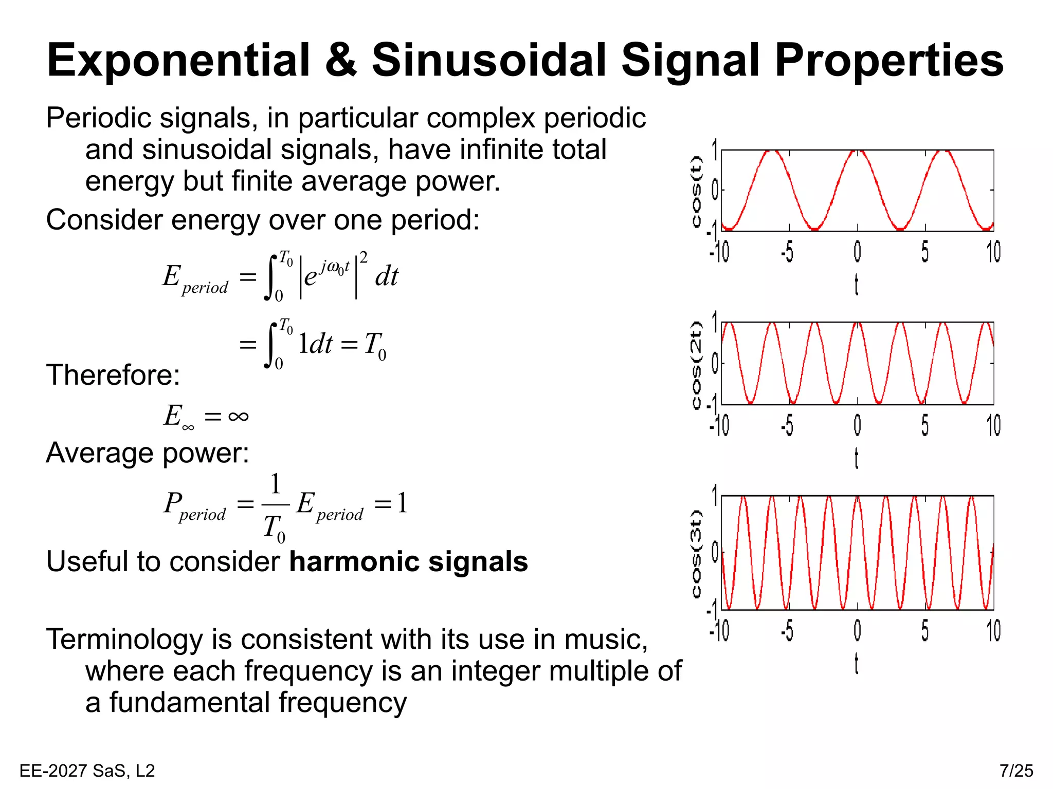 EE-2027 SaS, L2 7/25
Exponential & Sinusoidal Signal Properties
Periodic signals, in particular complex periodic
and sinusoidal signals, have infinite total
energy but finite average power.
Consider energy over one period:
Therefore:
Average power:
Useful to consider harmonic signals
Terminology is consistent with its use in music,
where each frequency is an integer multiple of
a fundamental frequency
0
0
0
2
0
00
1
T
j t
period
T
E e dt
dt T
ω
=
= =
∫
∫
1
1
0
== periodperiod E
T
P
∞=∞E
 