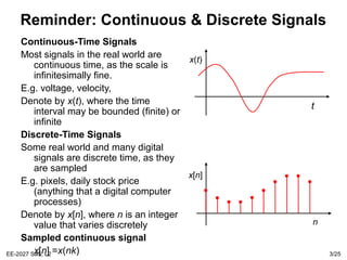 EE-2027 SaS, L2 3/25
Reminder: Continuous & Discrete Signals
x(t)
t
x[n]
n
Continuous-Time Signals
Most signals in the real world are
continuous time, as the scale is
infinitesimally fine.
E.g. voltage, velocity,
Denote by x(t), where the time
interval may be bounded (finite) or
infinite
Discrete-Time Signals
Some real world and many digital
signals are discrete time, as they
are sampled
E.g. pixels, daily stock price
(anything that a digital computer
processes)
Denote by x[n], where n is an integer
value that varies discretely
Sampled continuous signal
x[n] =x(nk)
 
