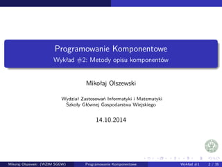 Programowanie Komponentowe 
Wykład #2: Metody opisu komponentów 
Mikołaj Olszewski 
Wydział Zastosowan Informatyki i Matematyki 
Szkoły Głównej Gospodarstwa Wiejskiego 
14.10.2014 
Mikołaj Olszewski (WZIM SGGW) Programowanie Komponentowe Wykład #1 2 / 35 
 