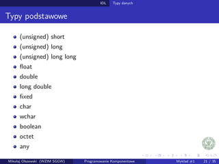 IDL Typy danych 
Typy podstawowe 
(unsigned) short 
(unsigned) long 
(unsigned) long long 
float 
double 
long double 
fixed 
char 
wchar 
boolean 
octet 
any 
Mikołaj Olszewski (WZIM SGGW) Programowanie Komponentowe Wykład #1 21 / 35 
 