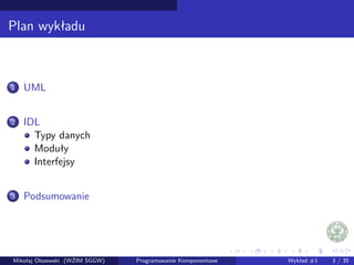 Plan wykładu 
1 UML 
2 IDL 
Typy danych 
Moduły 
Interfejsy 
3 Podsumowanie 
Mikołaj Olszewski (WZIM SGGW) Programowanie Komponentowe Wykład #1 3 / 35 
 