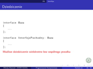 IDL Interfejsy 
Dziedziczenie 
i n t e r f a c e Baza 
f 
. . . 
g ; 
i n t e r f a c e I n t e r f e j sPo c h o d n y : Baza 
f 
. . . 
g ; 
Mozliwe dziedziczenie wielokrotne bez wspólnego przodka 
Mikołaj Olszewski (WZIM SGGW) Programowanie Komponentowe Wykład #1 30 / 35 
 