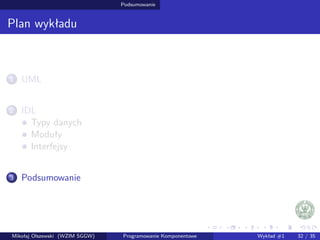 Podsumowanie 
Plan wykładu 
1 UML 
2 IDL 
Typy danych 
Moduły 
Interfejsy 
3 Podsumowanie 
Mikołaj Olszewski (WZIM SGGW) Programowanie Komponentowe Wykład #1 32 / 35 
 