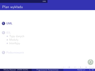 UML 
Plan wykładu 
1 UML 
2 IDL 
Typy danych 
Moduły 
Interfejsy 
3 Podsumowanie 
Mikołaj Olszewski (WZIM SGGW) Programowanie Komponentowe Wykład #1 4 / 35 
 