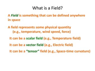 What is a Field?
A Field is something that can be defined anywhere
in space
A field represents some physical quantity
(e.g., temperature, wind speed, force)
It can be a scalar field (e.g., Temperature field)
It can be a vector field (e.g., Electric field)
It can be a “tensor” field (e.g., Space-time curvature)
 