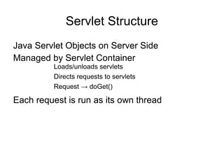 Servlet Structure
Java Servlet Objects on Server Side
Managed by Servlet Container
Loads/unloads servlets
Directs requests to servlets
Request → doGet()

Each request is run as its own thread

 