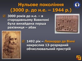 Нульове покоління
(3000 р. до н.е. – 1944 р.)
 3000 років до н.е. – в
стародавньому Вавилоні
була винайдена перша
рахівниця – абак
 1492 рік – Леонардо да Вінчі
накреслив 13-розрядний
обчислювальний пристрій
 