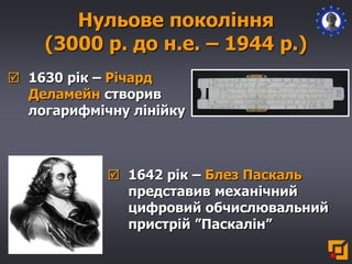 Нульове покоління
(3000 р. до н.е. – 1944 р.)
 1630 рік – Річард
Деламейн створив
логарифмічну лінійку
 1642 рік – Блез Паскаль
представив механічний
цифровий обчислювальний
пристрій ”Паскалін”
 