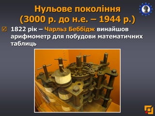 Нульове покоління
(3000 р. до н.е. – 1944 р.)
 1822 рік – Чарльз Беббідж винайшов
арифмометр для побудови математичних
таблиць
 