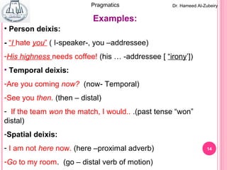 14
Dr. Hameed Al-ZubeiryPragmatics
• Person deixis:
- “I hate you” ( I-speaker-, you –addressee)
-His highness needs coffee! (his … -addressee [ “irony’])
• Temporal deixis:
-Are you coming now? (now- Temporal)
-See you then. (then – distal)
- If the team won the match, I would.. .(past tense “won”
distal)
-Spatial deixis:
- I am not here now. (here –proximal adverb)
-Go to my room. (go – distal verb of motion)
Examples:
 