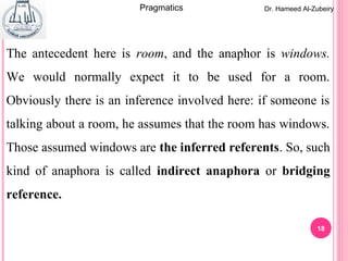 18
The antecedent here is room, and the anaphor is windows.
We would normally expect it to be used for a room.
Obviously there is an inference involved here: if someone is
talking about a room, he assumes that the room has windows.
Those assumed windows are the inferred referents. So, such
kind of anaphora is called indirect anaphora or bridging
reference.
Dr. Hameed Al-ZubeiryPragmatics
 