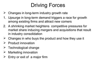 Driving Forces
 Changes in long-term industry growth rate
1. Upsurge in long-term demand triggers a race for growth
among existing firms and attract new comers
2. A shrinking market heightens competitive pressures for
market share inducing mergers and acquisitions that result
in industry consolidation
 Changes in who buys the product and how they use it
 Product innovation
 Technological change
 Marketing innovation
 Entry or exit of a major firm
 