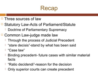 Recap
 Three sources of law
 Statutory Law-Acts of Parliament/Statute
 Doctrine of Parliamentary Supremacy
 Common Law-judge made law
 Through the process of Judicial Precedent
 “stare decisis”-stand by what has been said
 “Case law”
 Binding precedent- future cases with similar material
facts
 “Ratio decidendi”-reason for the decision
 Only superior courts can create precedent
 