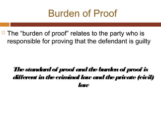Burden of Proof
 The “burden of proof” relates to the party who is
responsible for proving that the defendant is guilty
Thestandardof proof andtheburdenof proof is
different inthecriminal law andtheprivate(civil)
law
 