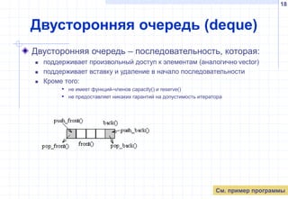 18
Двусторонняя очередь (deque)
Двусторонняя очередь – последовательность, которая:
 поддерживает произвольный доступ к элементам (аналогично vector)
 поддерживает вставку и удаление в начало последовательности
 Кроме того:
• не имеет функций-членов capacity() и reserve()
• не предоставляет никаких гарантий на допустимость итератора
См. пример программы
 