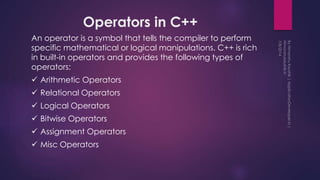 Variable Types And Operators Table C Lecture 2 C++ | Variable Scope, Operators in c++ | PPTX