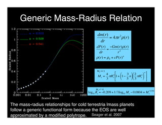 Generic Mass-Radius Relation 
€ 
Ms << 1 
Ms = 
4 
3 
 n 
 
3 1+ 1− 
πRs 
3 
5 
n 
 
 
 
 
 
2  
 
 
2 
3 
πRs 
 
 
 
 
 
 
 
 
Ms <~ 4 
€ 
log10 Rs = −0.209 +1/3log10 Ms − 0.0804 × Ms 
0.394 
€ 
Seager et al. 2007 
dm(r) 
dr 
= 4πr2ρ(r) 
€ 
dP(r) 
dr 
= 
−Gm(r)ρ(r) 
r2 
ρ(r) = ρ0 + cP(r)n 
The mass-radius relationships for cold terrestria lmass planets 
follow a generic functional form because the EOS are well 
approximated by a modified polytrope. 
Seager et al. 2007 
 