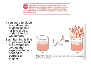 If you were to place
a small amount
of gasoline in a
jar and drop a
match into it, it
would burn.
Such burning is fine
to produce heat
but it would not
give us the
explosive force
needed to
operate an
engine.
 