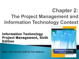 Information TechnologyInformation Technology
Project Management, SixthProject Management, Sixth
EditionEdition
Note: See the text itself for full citations.
 