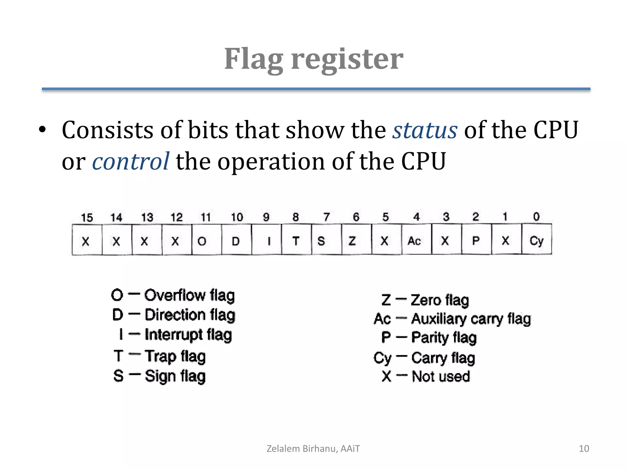 Flag register
• Consists of bits that show the status of the CPU
or control the operation of the CPU
Zelalem Birhanu, AAiT 10
 