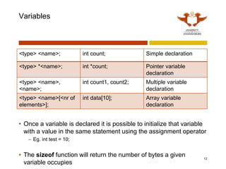 Variables
12
<type> <name>; int count; Simple declaration
<type> *<name>; int *count; Pointer variable
declaration
<type> <name>,
<name>;
int count1, count2; Multiple variable
declaration
<type> <name>[<nr of
elements>];
int data[10]; Array variable
declaration
• Once a variable is declared it is possible to initialize that variable
with a value in the same statement using the assignment operator
– Eg. int test = 10;
• The sizeof function will return the number of bytes a given
variable occupies
 