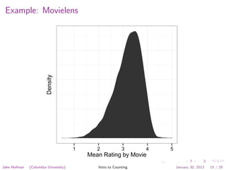 Example: Movielens
1 2 3 4 5
Mean Rating by Movie
Density
Jake Hofman (Columbia University) Intro to Counting January 30, 2013 15 / 28
 