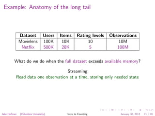 Example: Anatomy of the long tail
Dataset Users Items Rating levels Observations
Movielens 100K 10K 10 10M
Netﬂix 500K 20K 5 100M
What do we do when the full dataset exceeds available memory?
Streaming
Read data one observation at a time, storing only needed state
Jake Hofman (Columbia University) Intro to Counting January 30, 2013 21 / 28
 