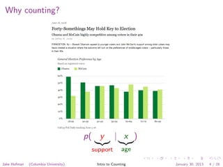 Why counting?
p( y
support
| x
age
)
Jake Hofman (Columbia University) Intro to Counting January 30, 2013 4 / 28
 