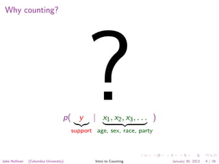 Why counting?
?p( y
support
| x1, x2, x3, . . .
age, sex, race, party
)
Jake Hofman (Columbia University) Intro to Counting January 30, 2013 4 / 28
 
