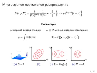 Многомерное нормальное распределение
N(x|µ, Σ) =
1
(2π)D/2
1
|Σ|1/2
exp −
1
2
(x − µ)T
Σ−1
(x − µ)
Параметры
D-мерный вектор средних D × D-мерная матрица ковариации
µ = xp(x)dx Σ = E[(x − µ)(x − µ)T
]
(a) D = 2 (b) (c) Σ = diag(σi ) (d) Σ = σI
7 / 30
 