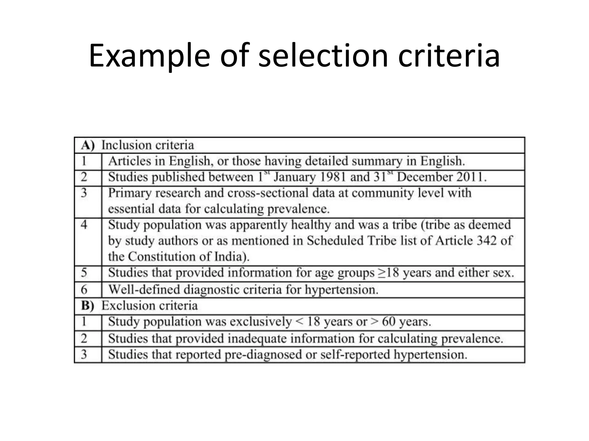 Example of selection criteria