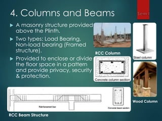4. Columns and Beams
 A masonry structure provided
above the Plinth.
 Two types: Load Bearing,
Non-load bearing (Framed
structure).
 Provided to enclose or divide
the floor space in a pattern
and provide privacy, security
& protection.
RCC Beam Structure
RCC Column
Wood Column
 