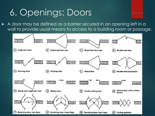 6. Openings: Doors
 A door may be defined as a barrier secured in an opening left in a
wall to provide usual means to access to a building room or passage.
 