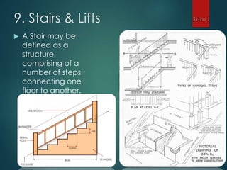 9. Stairs & Lifts
 A Stair may be
defined as a
structure
comprising of a
number of steps
connecting one
floor to another.
 