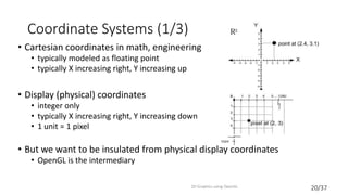 20/37
Coordinate Systems (1/3)
• Cartesian coordinates in math, engineering
• typically modeled as floating point
• typically X increasing right, Y increasing up
• Display (physical) coordinates
• integer only
• typically X increasing right, Y increasing down
• 1 unit = 1 pixel
• But we want to be insulated from physical display coordinates
• OpenGL is the intermediary
2D Graphics using OpenGL
 