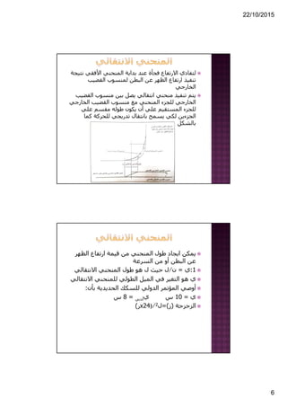 22/10/2015
6
‫ن‬ ‫األفقي‬ ‫المنحني‬ ‫بداية‬ ‫عند‬ ‫فجأة‬ ‫االرتفاع‬ ‫لتفادي‬‫تيجة‬
‫القضيب‬ ‫لمنسوب‬ ‫البطن‬ ‫عن‬ ‫الظھر‬ ‫ارتفاع‬ ‫تنفيذ‬
‫الخارجي‬
‫ال‬ ‫منسوب‬ ‫بين‬ ‫يصل‬ ‫انتقالي‬ ‫منحني‬ ‫تنفيذ‬ ‫يتم‬‫قضيب‬
‫الخارجي‬ ‫القضيب‬ ‫منسوب‬ ‫مع‬ ‫المنحني‬ ‫للجزء‬ ‫الخارجي‬
‫علي‬ ‫مقسم‬ ‫طوله‬ ‫يكون‬ ‫أن‬ ‫علي‬ ‫المستقيم‬ ‫للجزء‬
‫الجزءين‬‫للحركة‬ ‫تدريجي‬ ‫بانتقال‬ ‫يسمح‬ ‫لكي‬‫كما‬
‫ب‬‫ال‬‫شكل‬
‫الظھر‬ ‫ارتفاع‬ ‫قيمة‬ ‫من‬ ‫المنحني‬ ‫طول‬ ‫ايجاد‬ ‫يمكن‬
‫السرعة‬ ‫من‬ ‫أو‬ ‫البطن‬ ‫عن‬
1:‫ي‬=‫ن‬⁄‫االنتقالي‬ ‫المنحني‬ ‫طول‬ ‫ھو‬ ‫ل‬ ‫حيث‬ ‫ل‬
‫االنتق‬ ‫للمنحني‬ ‫الطولي‬ ‫الميل‬ ‫في‬ ‫التغير‬ ‫ھو‬ ‫ي‬‫الي‬
‫بأن‬ ‫الحديدية‬ ‫للسكك‬ ‫الدولي‬ ‫المؤتمر‬ ‫أوصي‬:
‫ي‬=10‫س‬‫ي‬‫أدني‬=8‫س‬
‫الزحزحة‬)‫ز‬=(‫ل‬2)⁄24x‫ر‬(
 