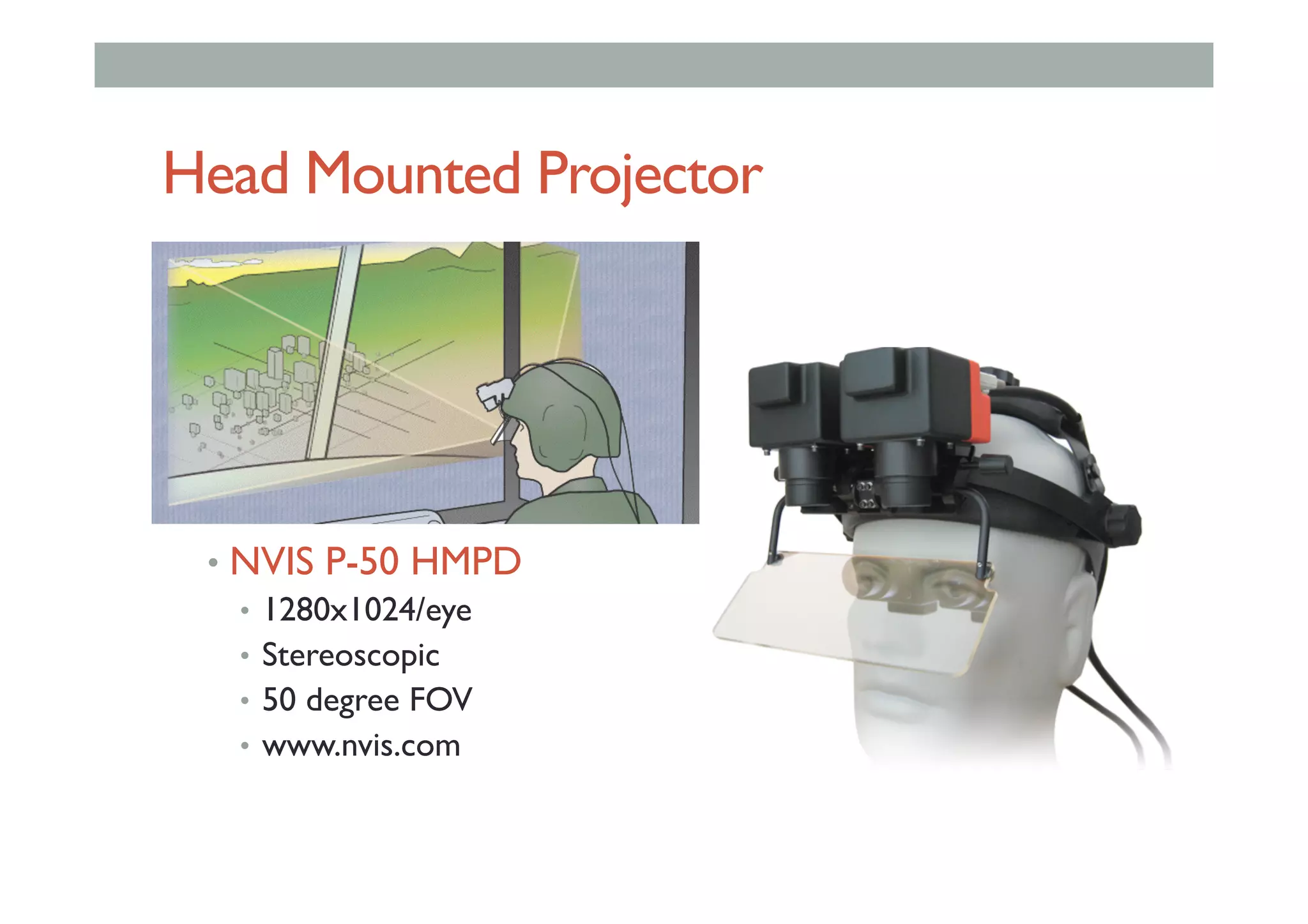Head Mounted Projector
•  NVIS P-50 HMPD
•  1280x1024/eye
•  Stereoscopic
•  50 degree FOV
•  www.nvis.com
 