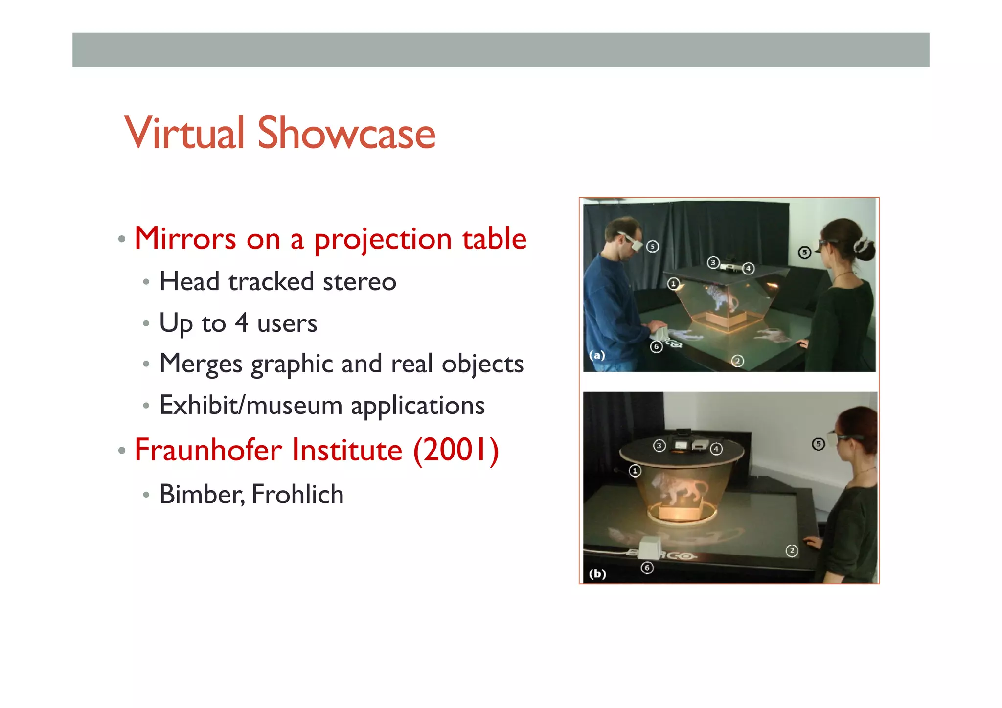 Virtual Showcase
• Mirrors on a projection table
•  Head tracked stereo
•  Up to 4 users
•  Merges graphic and real objects
•  Exhibit/museum applications
• Fraunhofer Institute (2001)
•  Bimber, Frohlich
 