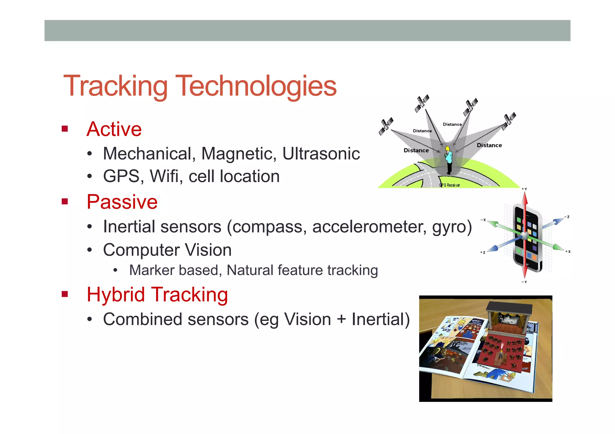 Tracking Technologies
"  Active
•  Mechanical, Magnetic, Ultrasonic
•  GPS, Wifi, cell location
"  Passive
•  Inertial sensors (compass, accelerometer, gyro)
•  Computer Vision
•  Marker based, Natural feature tracking
"  Hybrid Tracking
•  Combined sensors (eg Vision + Inertial)
 