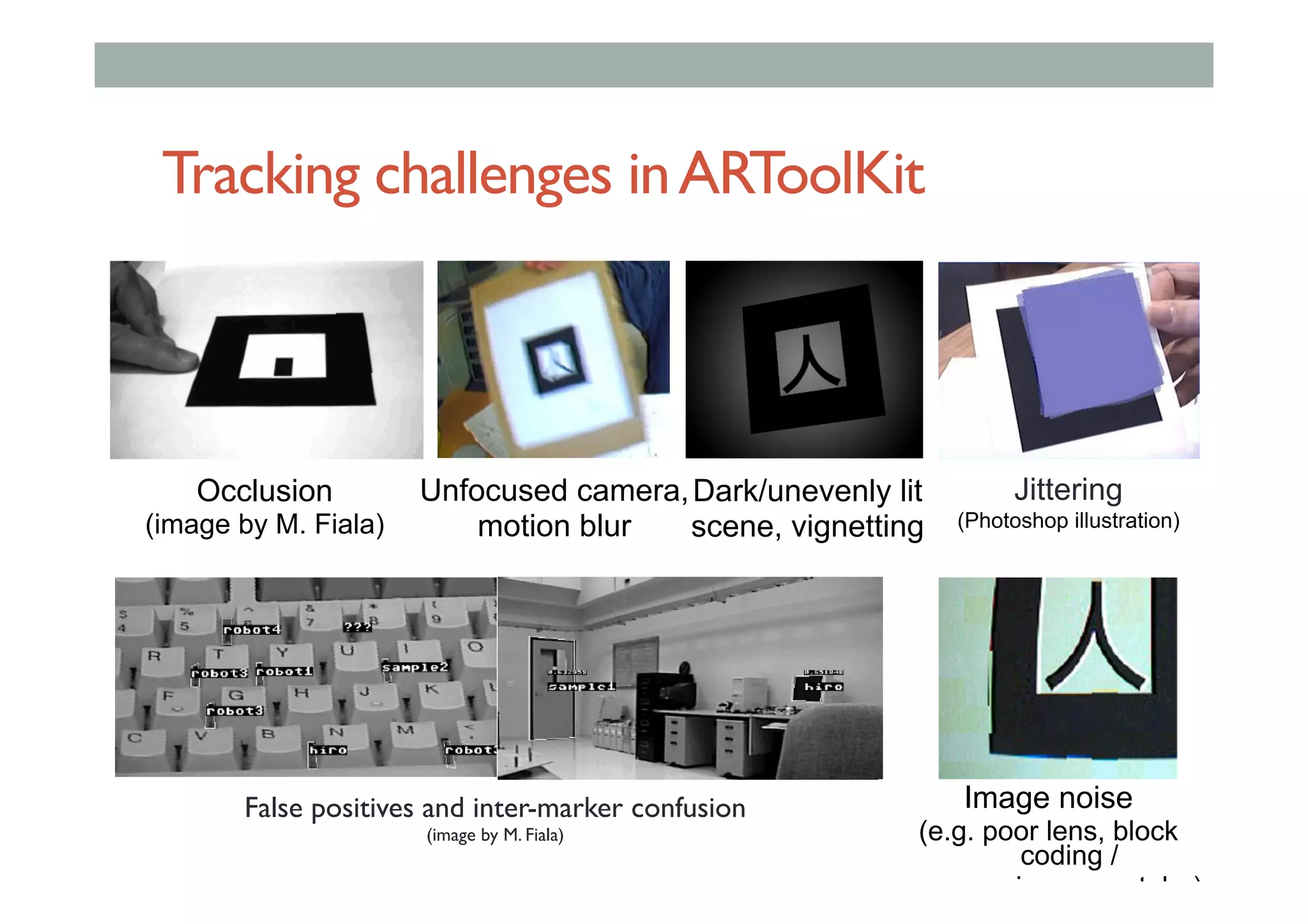 Tracking challenges inARToolKit
False positives and inter-marker confusion
(image by M. Fiala)
Image noise
(e.g. poor lens, block
coding /
compression, neon tube)
Unfocused camera,
motion blur
Dark/unevenly lit
scene, vignetting
Jittering
(Photoshop illustration)
Occlusion
(image by M. Fiala)
 