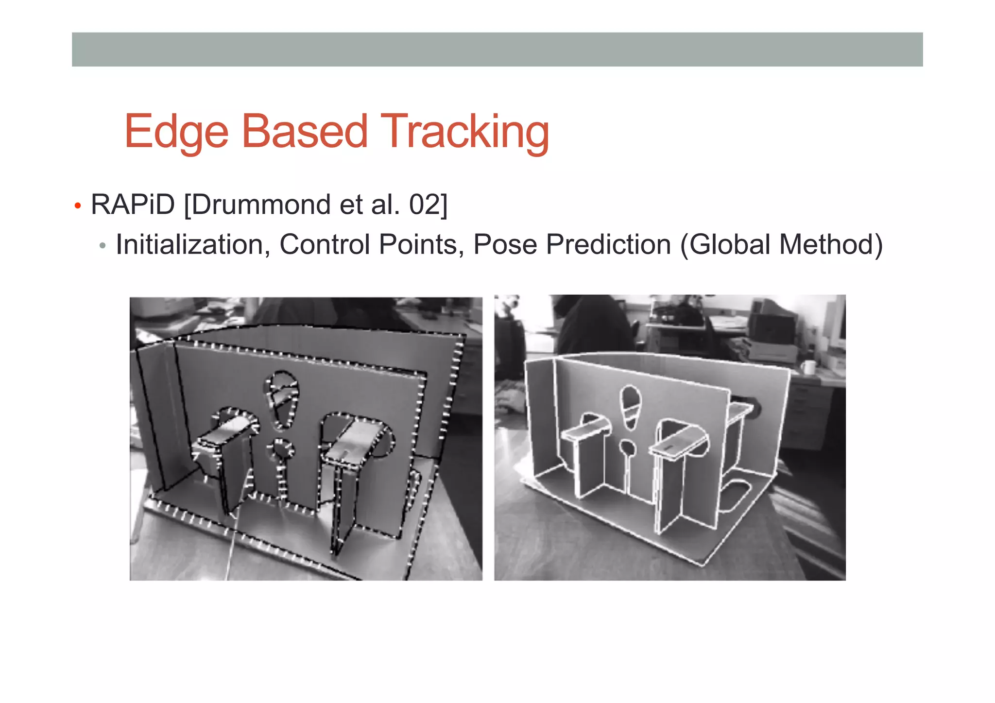 Edge Based Tracking
•  RAPiD [Drummond et al. 02]
•  Initialization, Control Points, Pose Prediction (Global Method)
 