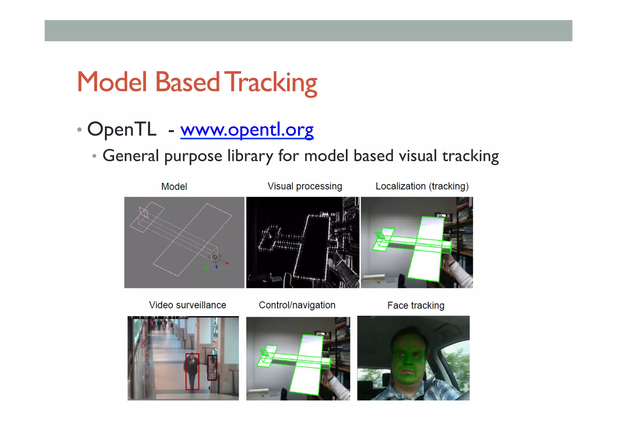 Model BasedTracking
• OpenTL - www.opentl.org
•  General purpose library for model based visual tracking
 