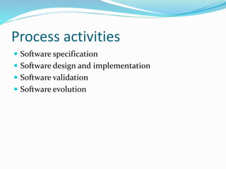 Process activities
 Software specification
 Software design and implementation
 Software validation
 Software evolution
 