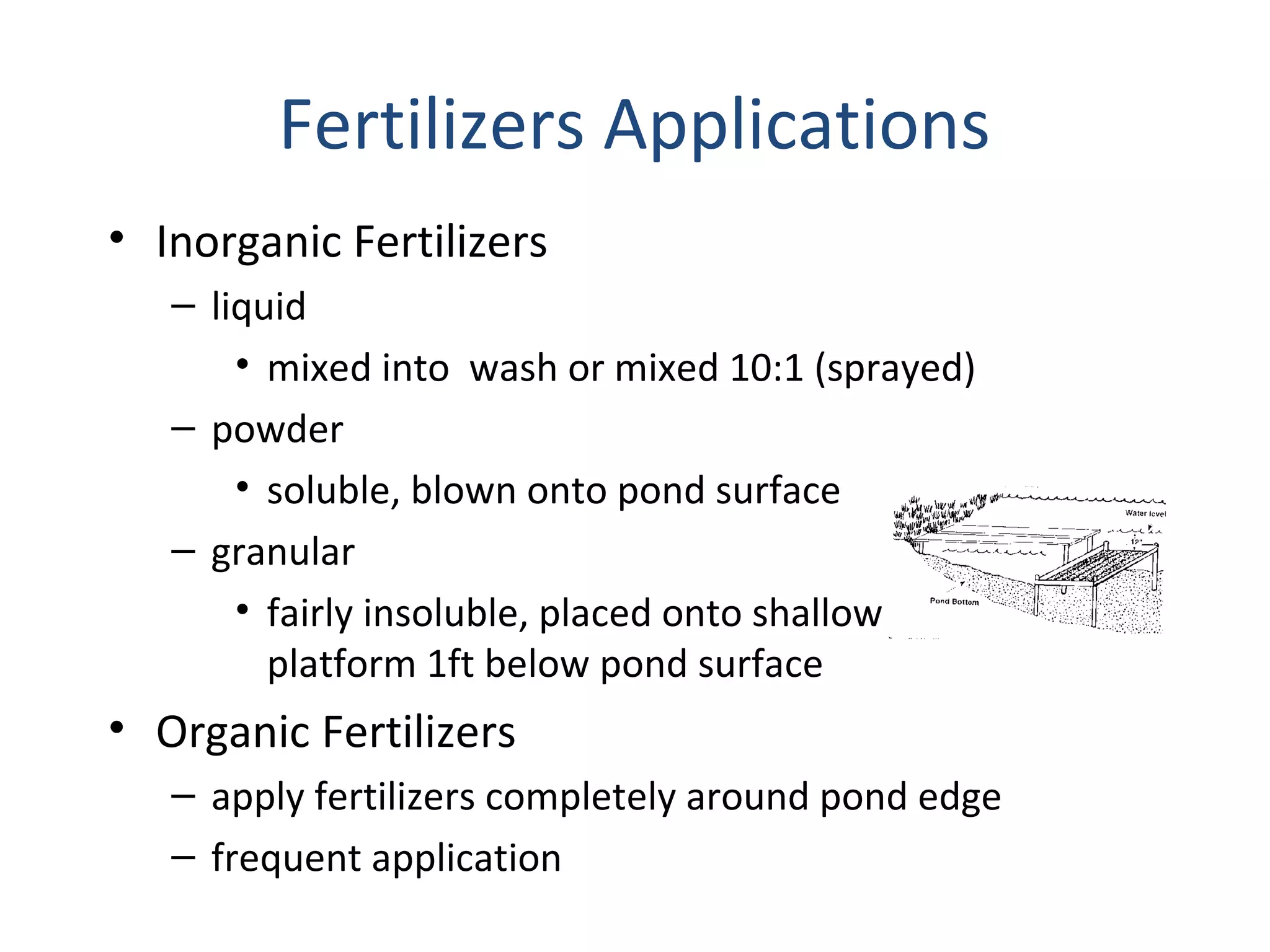 Fertilizers Applications
• Inorganic Fertilizers
– liquid
• mixed into wash or mixed 10:1 (sprayed)
– powder
• soluble, blown onto pond surface
– granular
• fairly insoluble, placed onto shallow wooden
platform 1ft below pond surface
• Organic Fertilizers
– apply fertilizers completely around pond edge
– frequent application
 